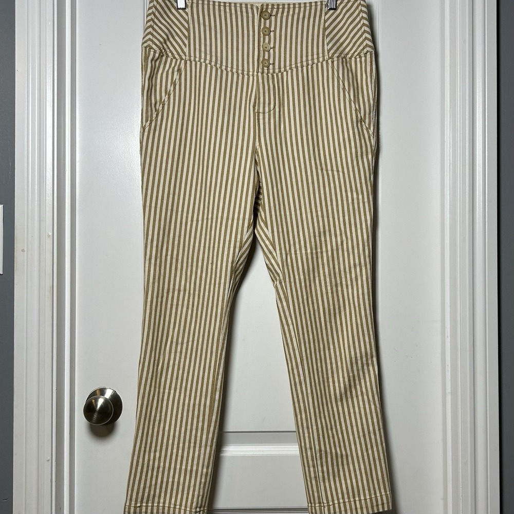 Free People Cotton Stretch Tan Cream Pinstripe‎ Boho High Rise Slim Ankle Pants